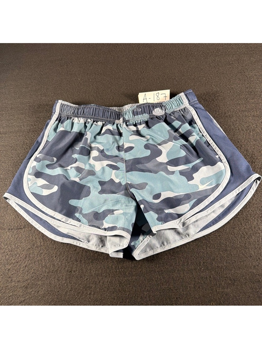 Nike Dri-FIT Womens M Running Shorts 3” Camo Blue Gray Athletic Workout